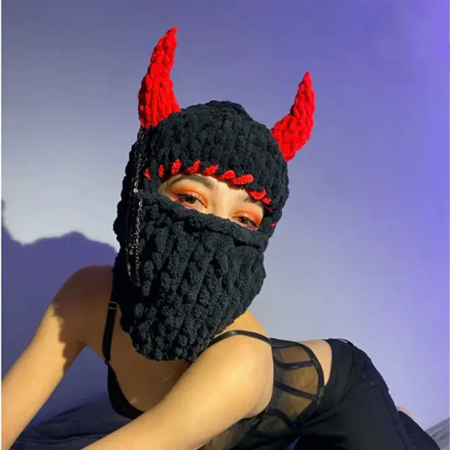 black balaclava with red horns