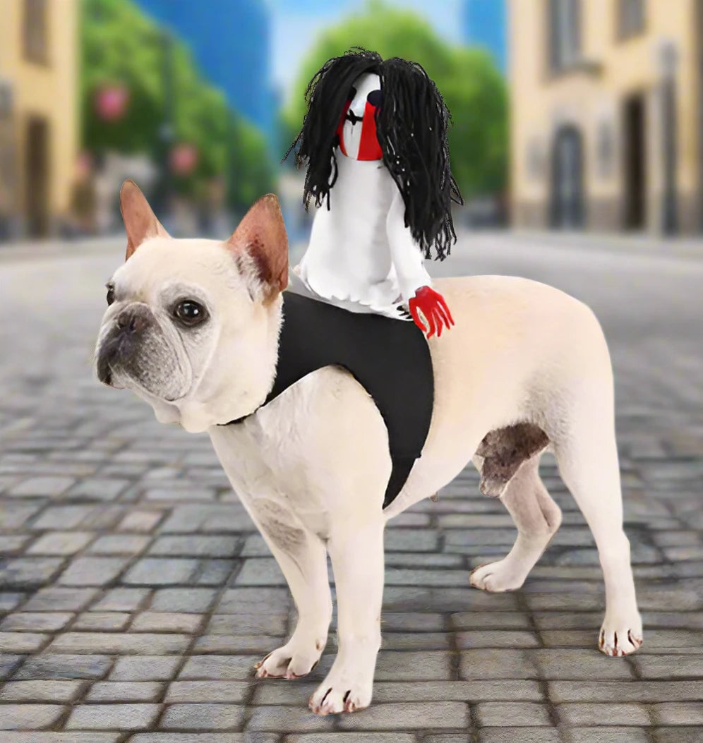 horror doll riding a dog