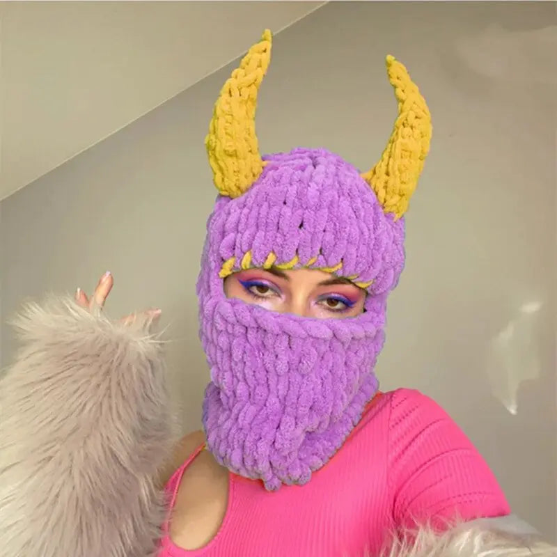 purple balaclava with yellow horns