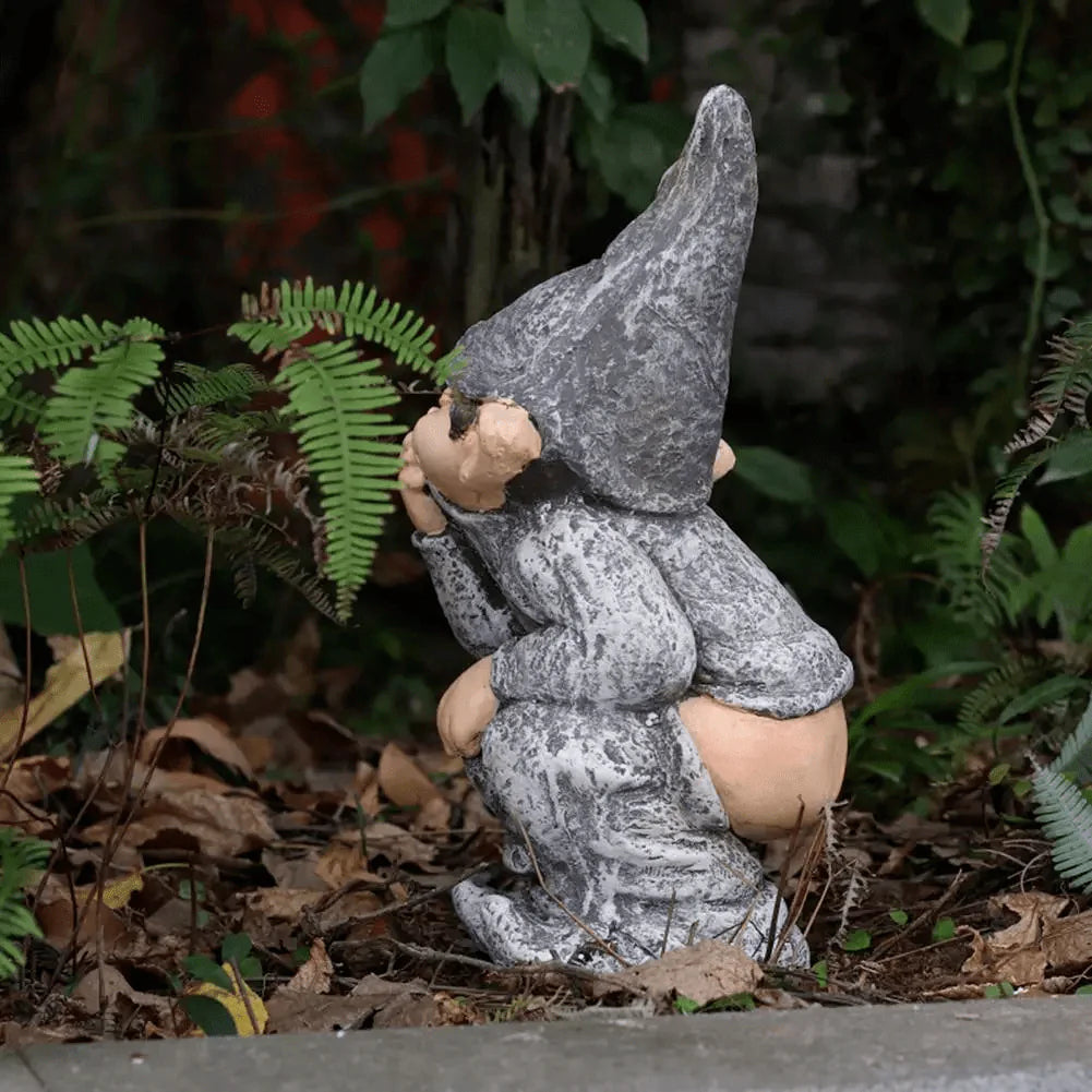 side view of the gnome in the garden