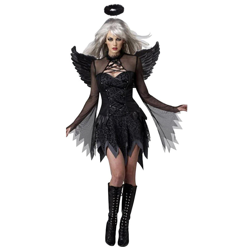 woman in a black fallen angel costume