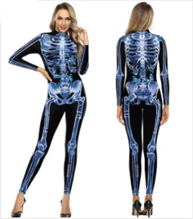 woman in skeleton costume frond and back